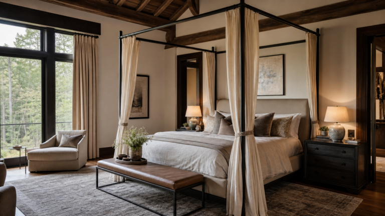 Luxury bedroom featuring an elegant canopy bed with layered bedding and refined decor