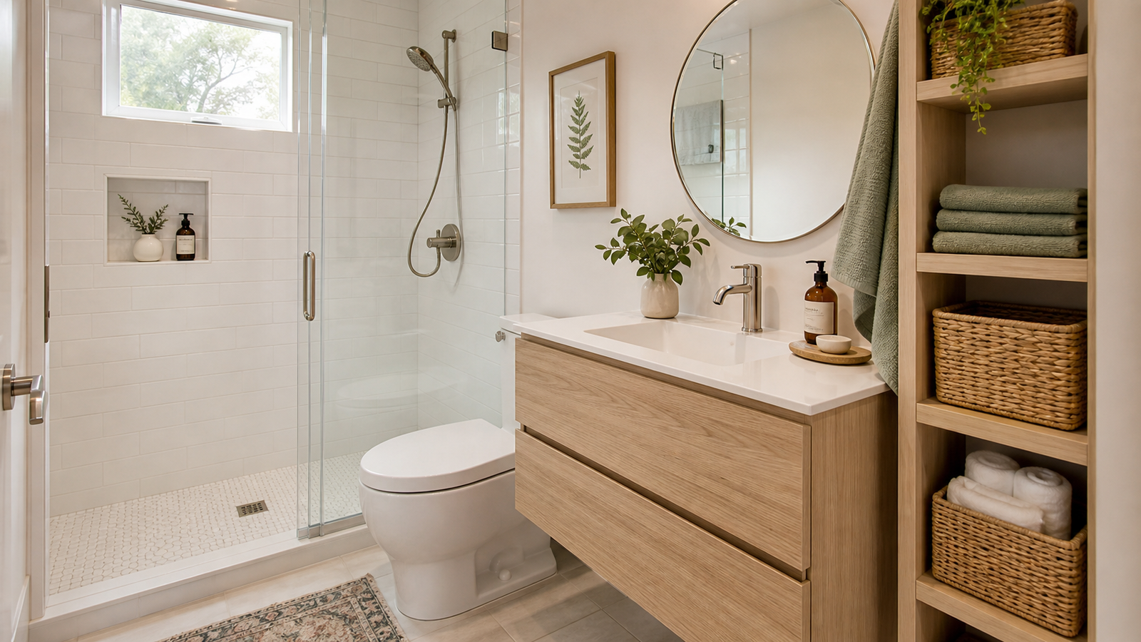 Tiny fresh bathroom with compact floating vanity, glass shower, bright tile, and smart wall storage