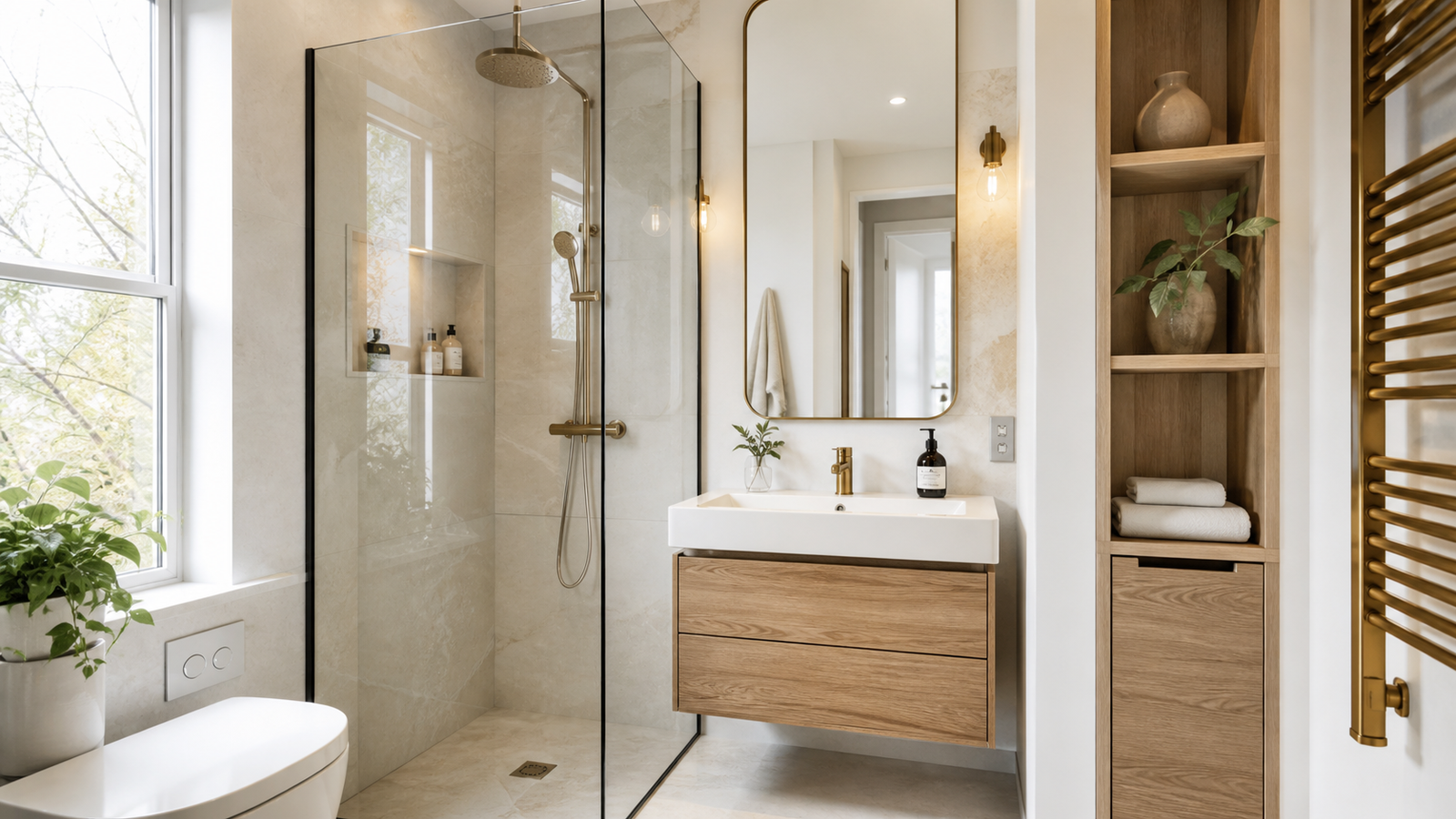 Fresh small bathroom interior with glass shower, compact vanity, and hidden storage