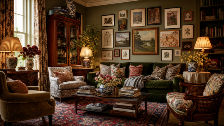 Cozy maximalist living room with patterned rug, gallery wall, velvet sofa, books, and warm lighting