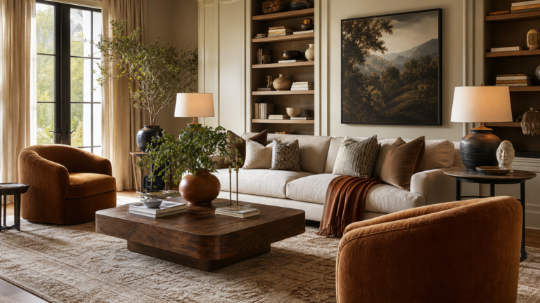 Cozy designer living room with linen sofa, textured rug, warm lamps, curtains, shelves, and layered decor