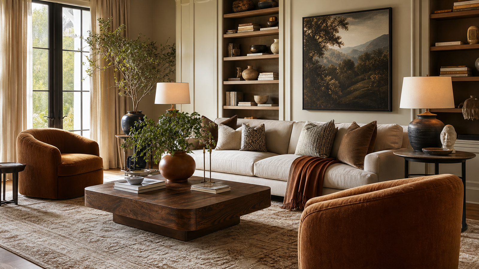 Cozy designer living room with linen sofa, textured rug, warm lamps, curtains, shelves, and layered decor