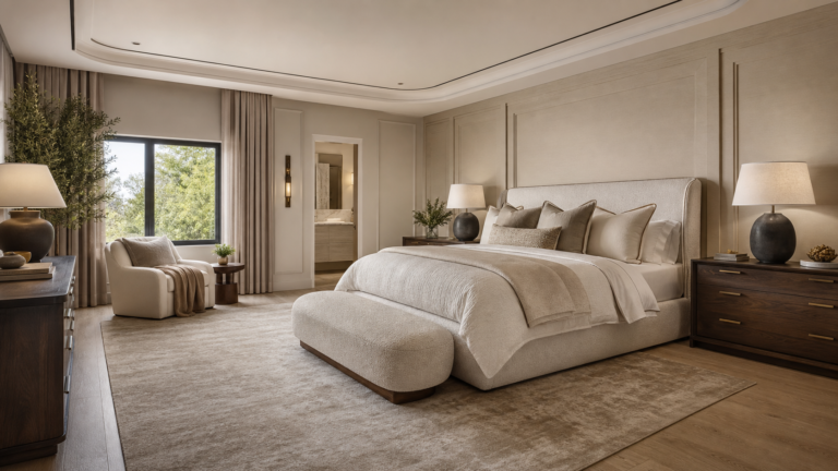 Luxury master bedroom retreat with layered neutral bedding and polished designer details