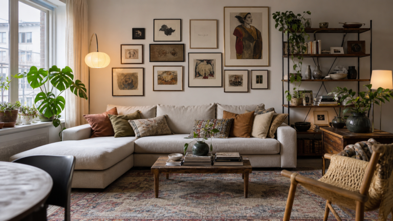 Modern eclectic apartment living room with vintage rug, gallery wall, plants, books, and warm lighting