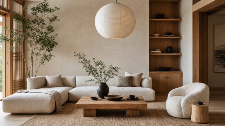 Cozy Japandi living room with low sofa warm wood and soft neutral textiles