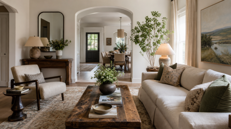 Stylish home decor refresh with layered rug, linen sofa, art, greenery, and warm lighting