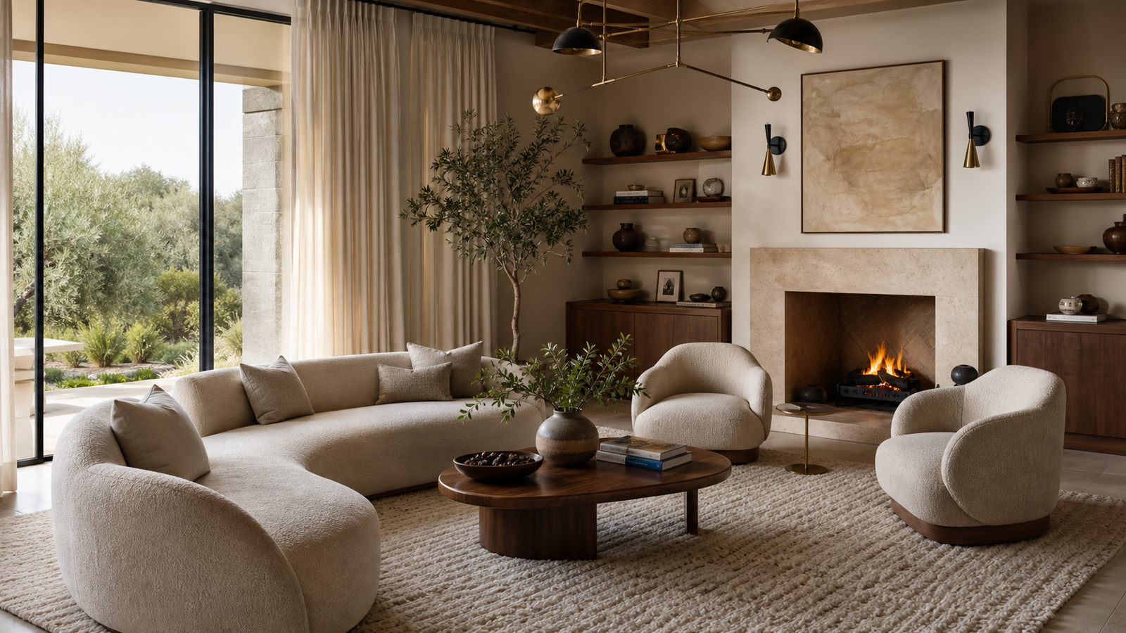 Cozy contemporary living room with warm neutrals, curved seating, natural textures, and designer lighting
