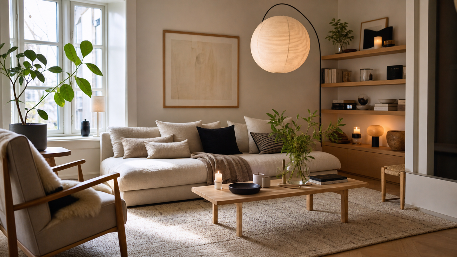 Cozy Scandinavian living room with pale oak, linen sofa, wool rug, and warm lighting
