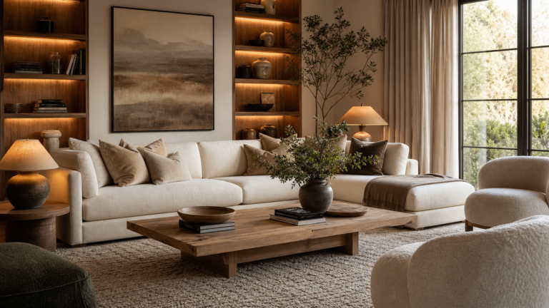 Cosy designer living room with layered seating, warm lighting, textured rug, and styled shelves