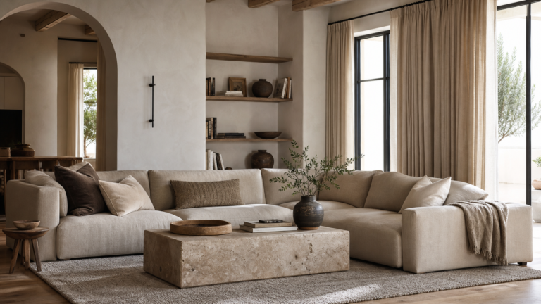 Cozy minimalist living room with linen sofa, stone coffee table, oak shelves, and warm natural light