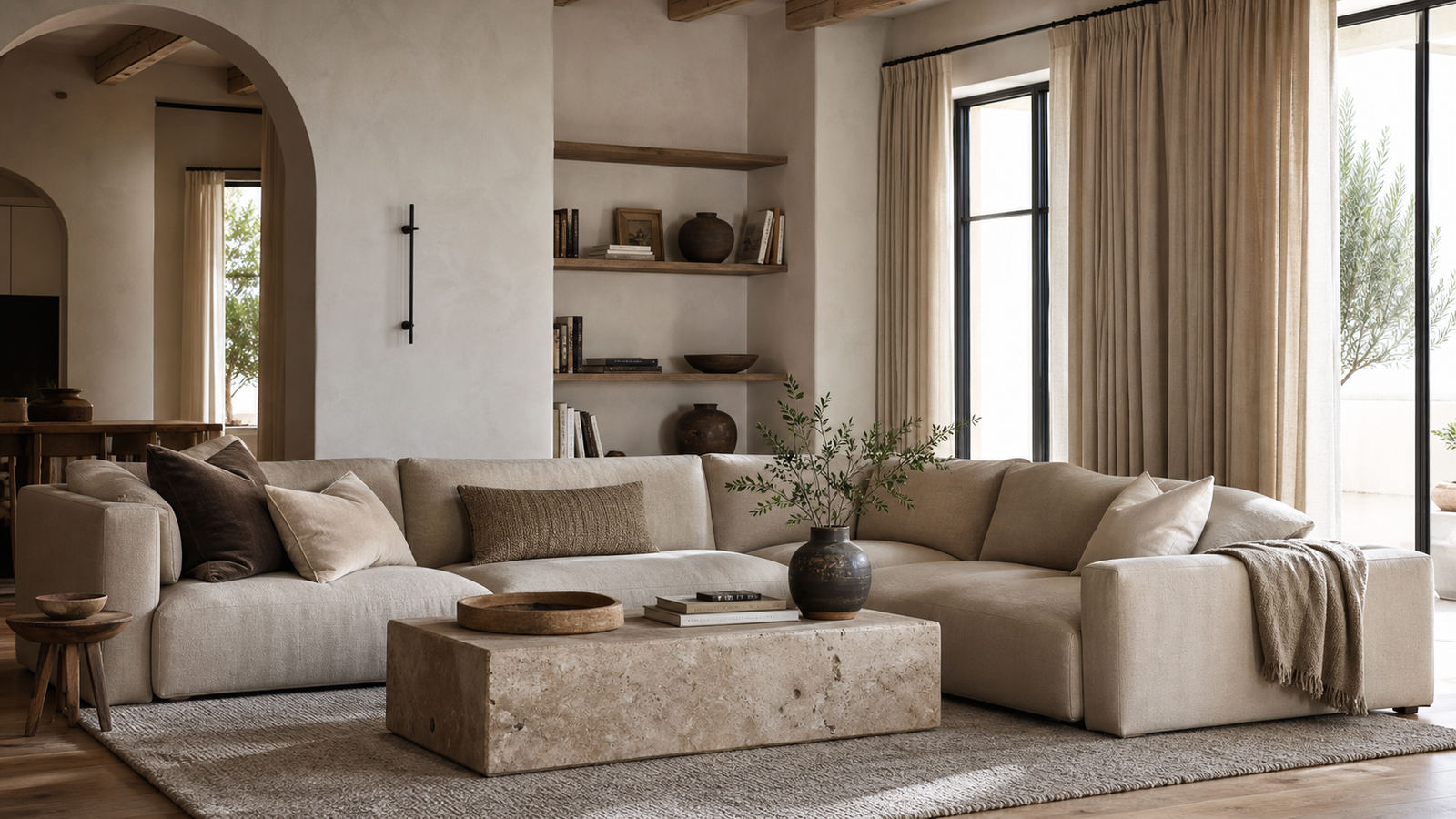 Cozy minimalist living room with linen sofa, stone coffee table, oak shelves, and warm natural light