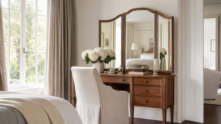 Elegant tri fold mirror brightening a styled bedroom vanity