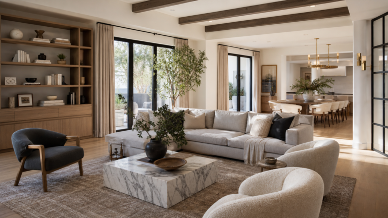 Elegant open-plan living room with layered luxury room inspo ideas