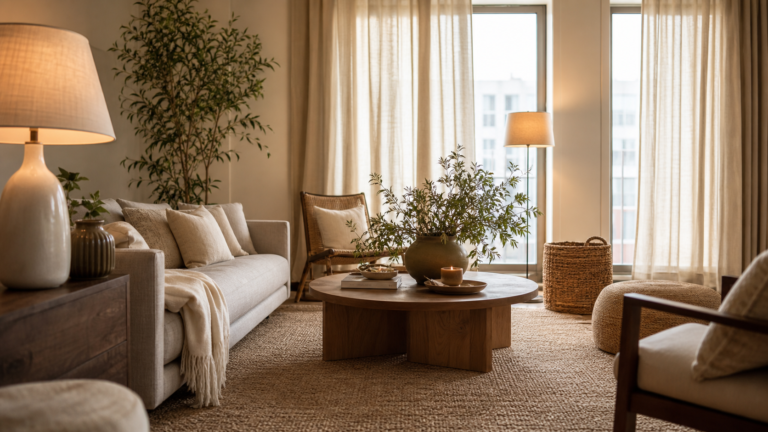 Warm apartment aesthetic with cozy neutral sofa, curtains, rug, and layered lamps