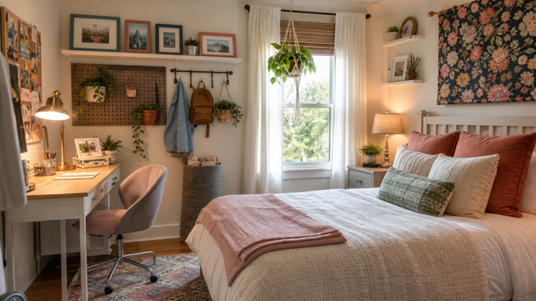 Stylish teen bedroom with DIY wall decor, organized desk, shelves, cozy bedding, and warm lighting