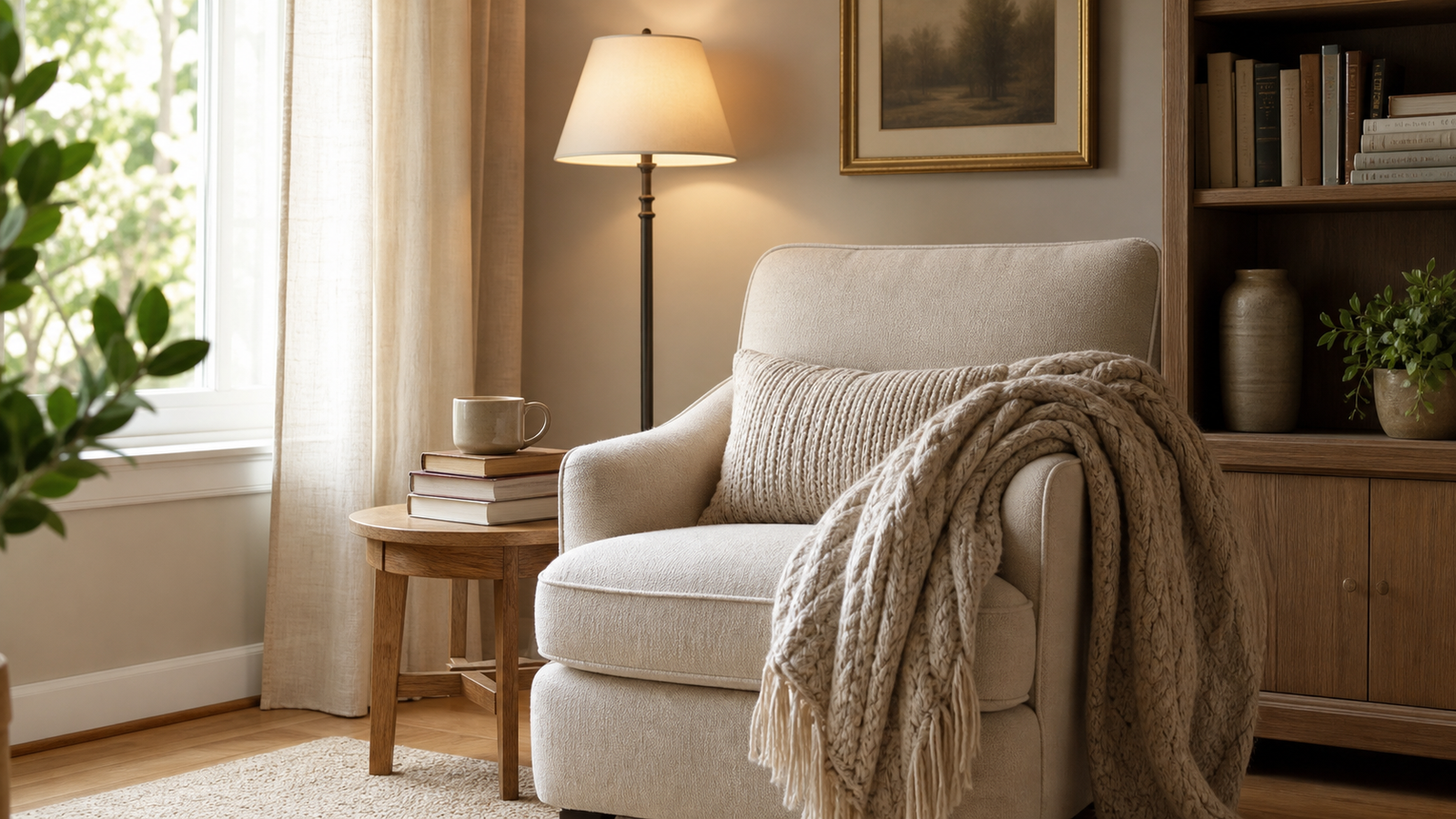 Cozy home reading corner with chair, warm lamp, books, side table, and soft throw