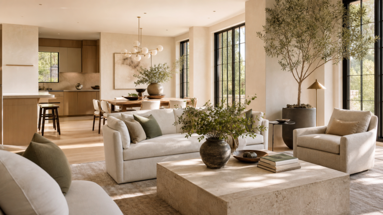 Luxury open plan room with layered furniture, sculptural lighting, and refined neutral decor