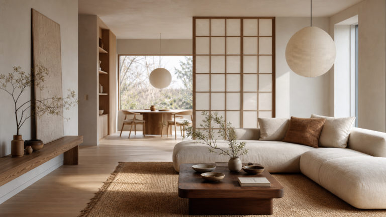 Serene Japandi Scandinavian interior with pale oak, linen, ceramics, and soft natural light