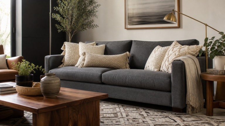Dark grey couch anchoring a stylish living room with warm wood and cream accents