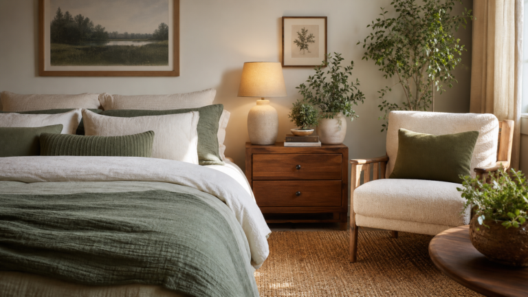 Pinterest inspired room decor with layered bedding, art, plants, and warm lighting