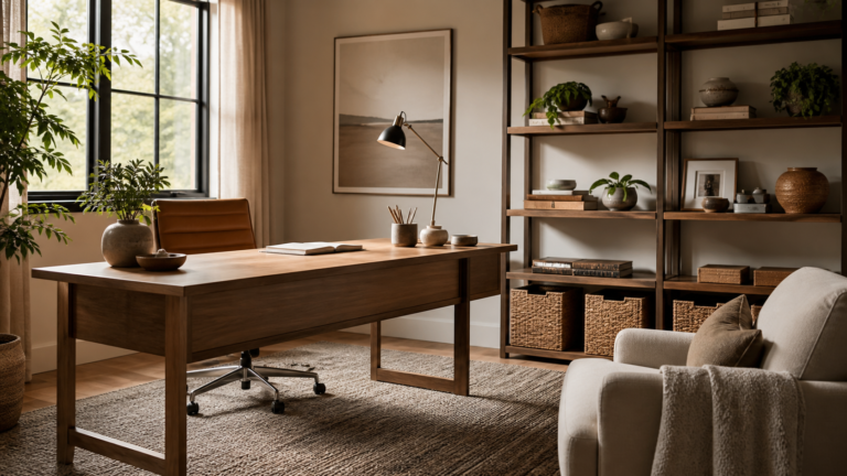 Earthy home office with wood desk, woven storage, greenery, and warm lighting