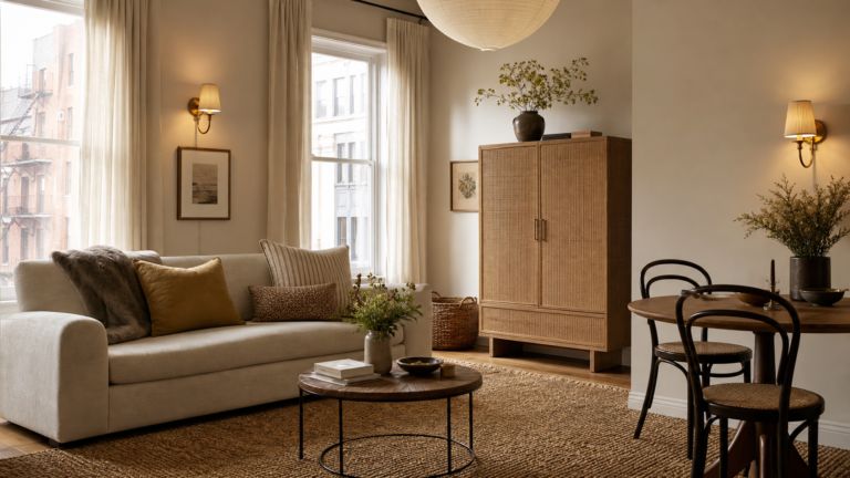 Cozy stylish rental apartment with cream sofa, linen curtains, warm lighting, and smart storage