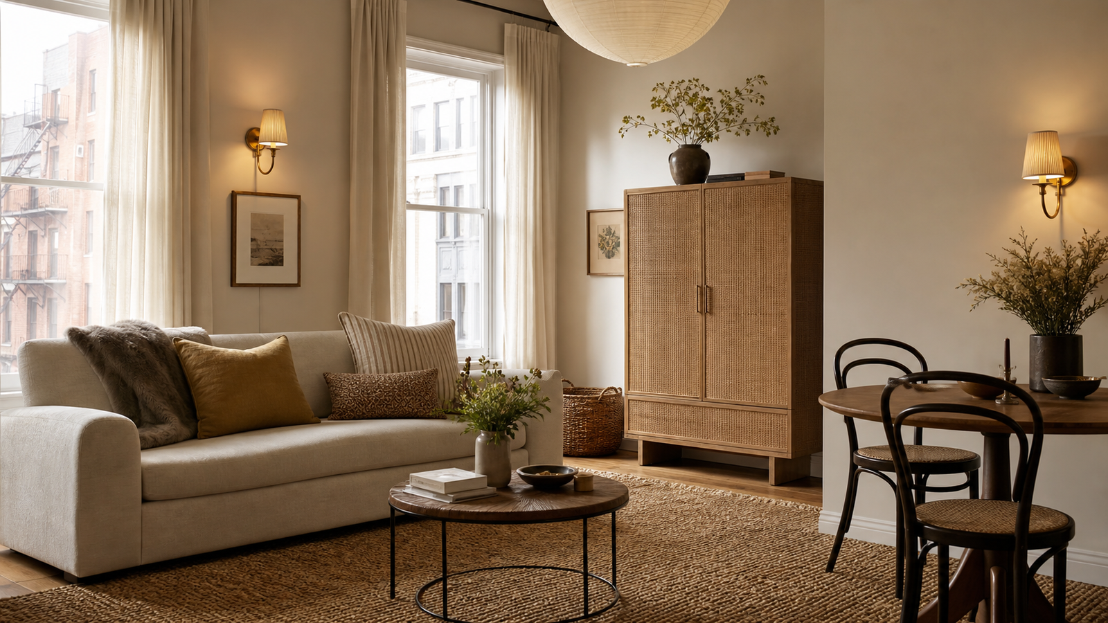 Cozy stylish rental apartment with cream sofa, linen curtains, warm lighting, and smart storage