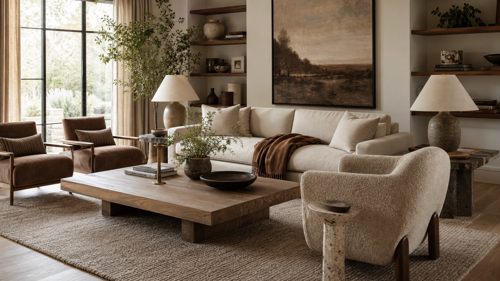 Cozy designer living room with linen sofa, accent chairs, textured rug, warm lighting, and styled shelves