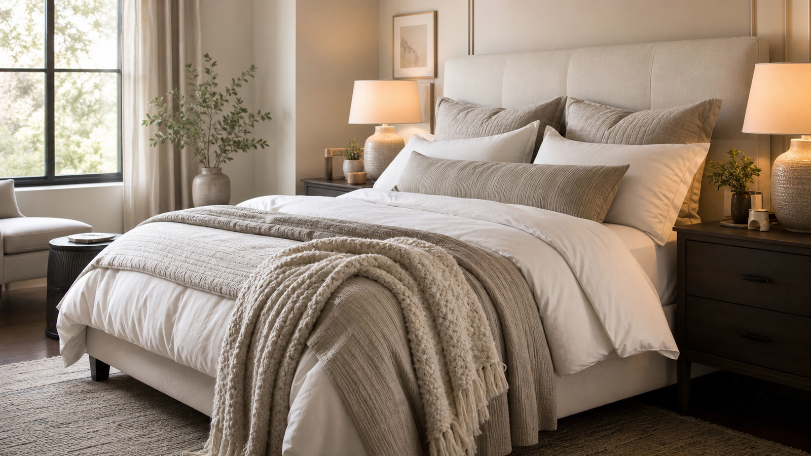 Dreamy bedroom with layered bedding, textured quilt, pillows, and warm bedside lighting
