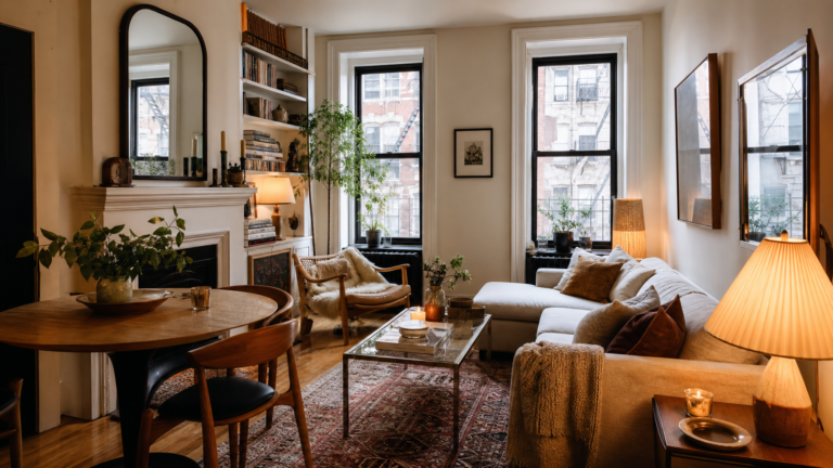 Cozy stylish NYC apartment rental with compact living area, dining nook, bookshelves, and warm lighting