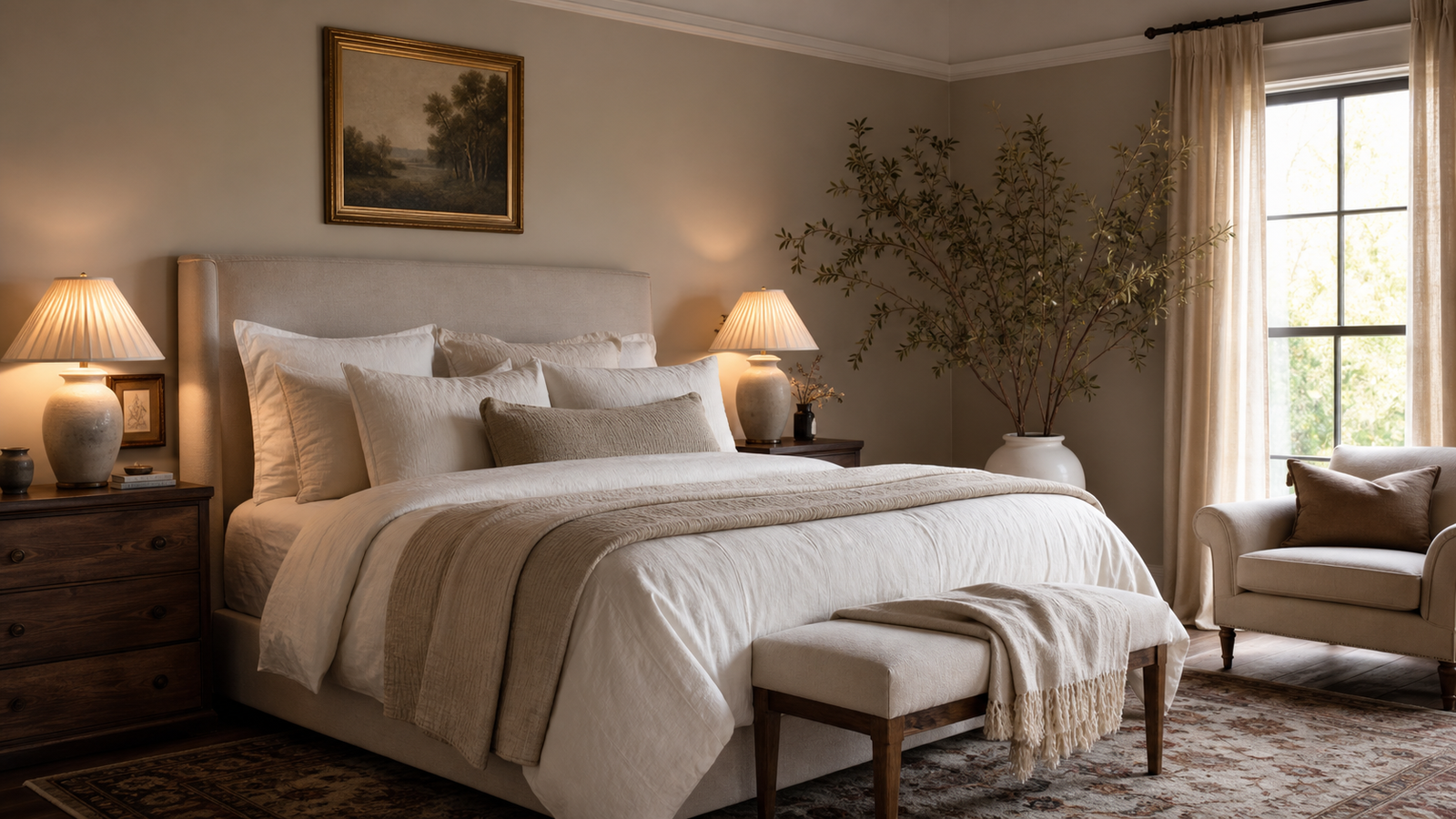 Cozy bedroom with layered bedding warm lamps vintage rug and soft neutral decor