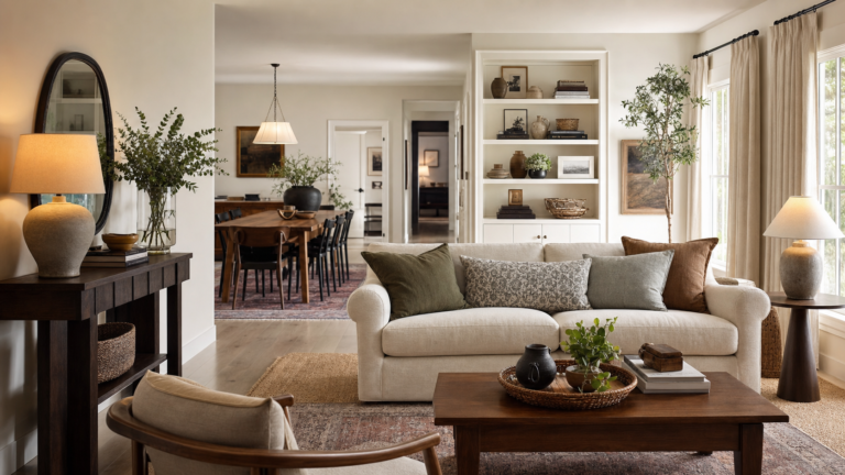 Elegant house interior decor with layered seating, art, curtains, shelves, warm lighting, and collected details