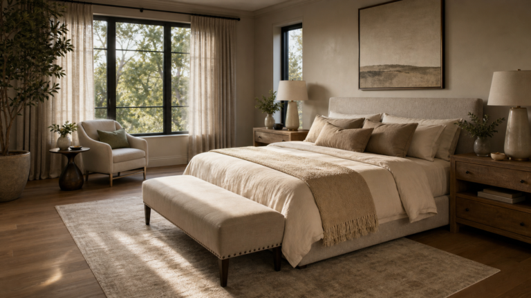 Luxury simple bedroom with layered neutral bedding and warm natural light