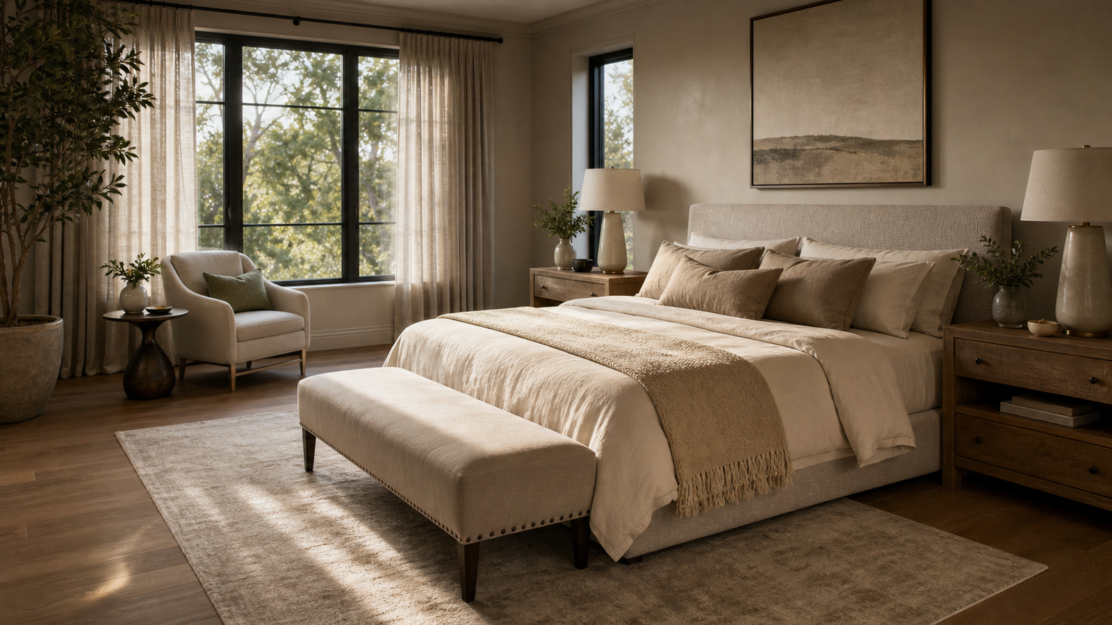 Luxury simple bedroom with layered neutral bedding and warm natural light