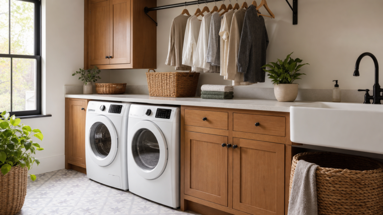 Pretty laundry room with warm cabinets, folding counter, patterned tile, and woven baskets