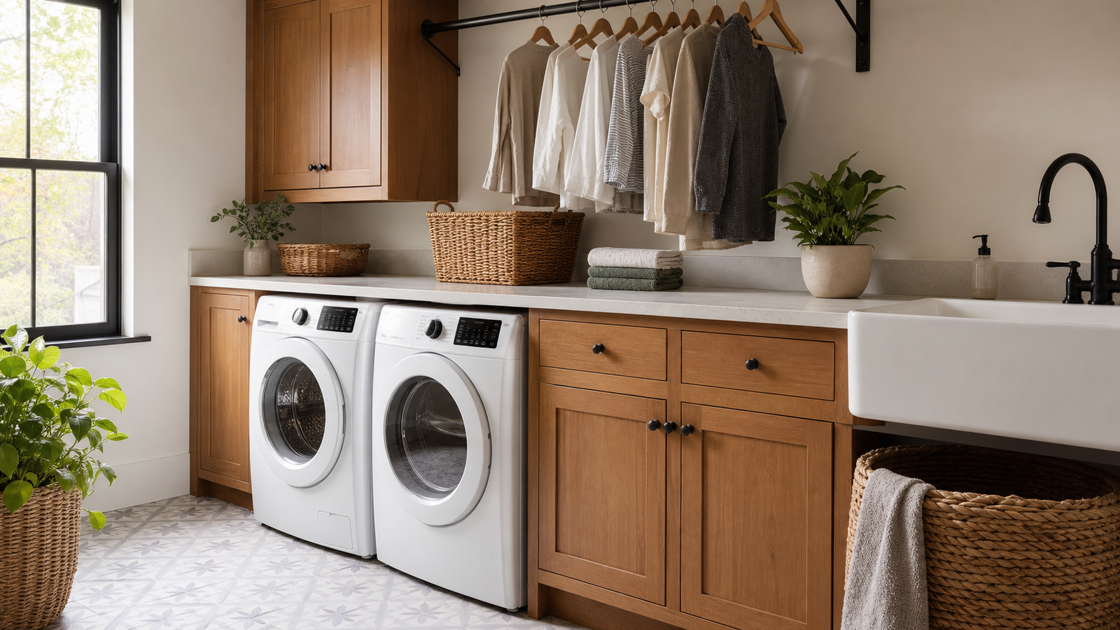 Pretty laundry room with warm cabinets, folding counter, patterned tile, and woven baskets