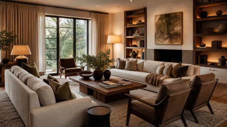 Cozy designer conversation room with sofas, lounge chairs, warm lamps, shelves, and textured rug