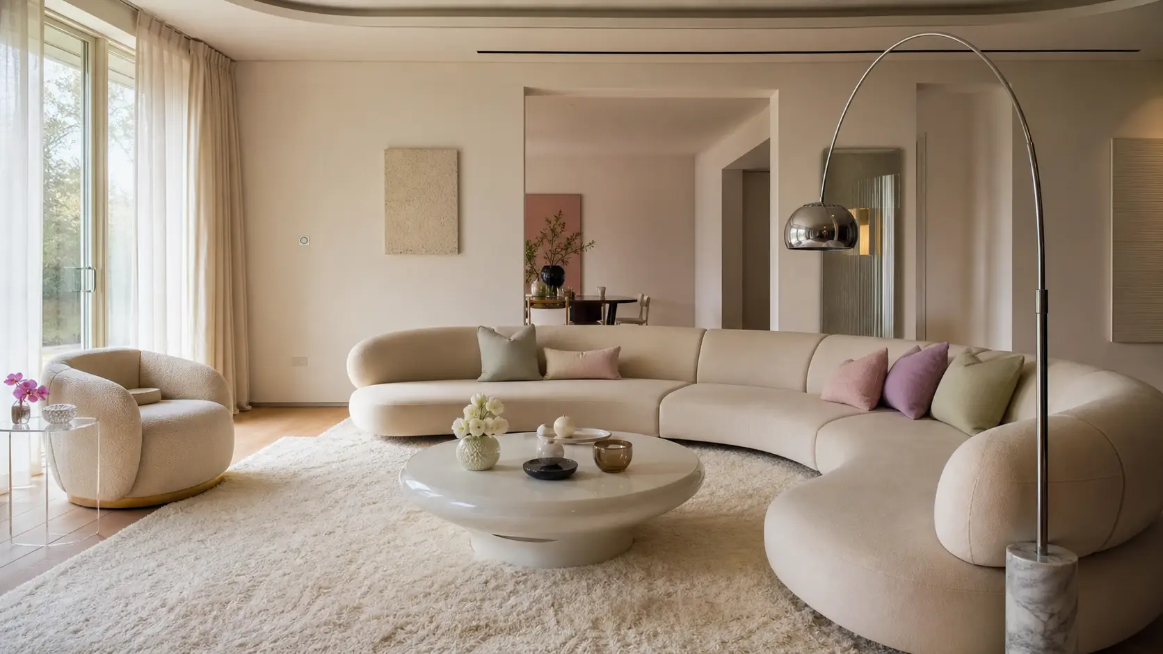 Cozy Y2K living room with curvy sofa, chrome lamp, acrylic table, shag rug, and soft pastel accents