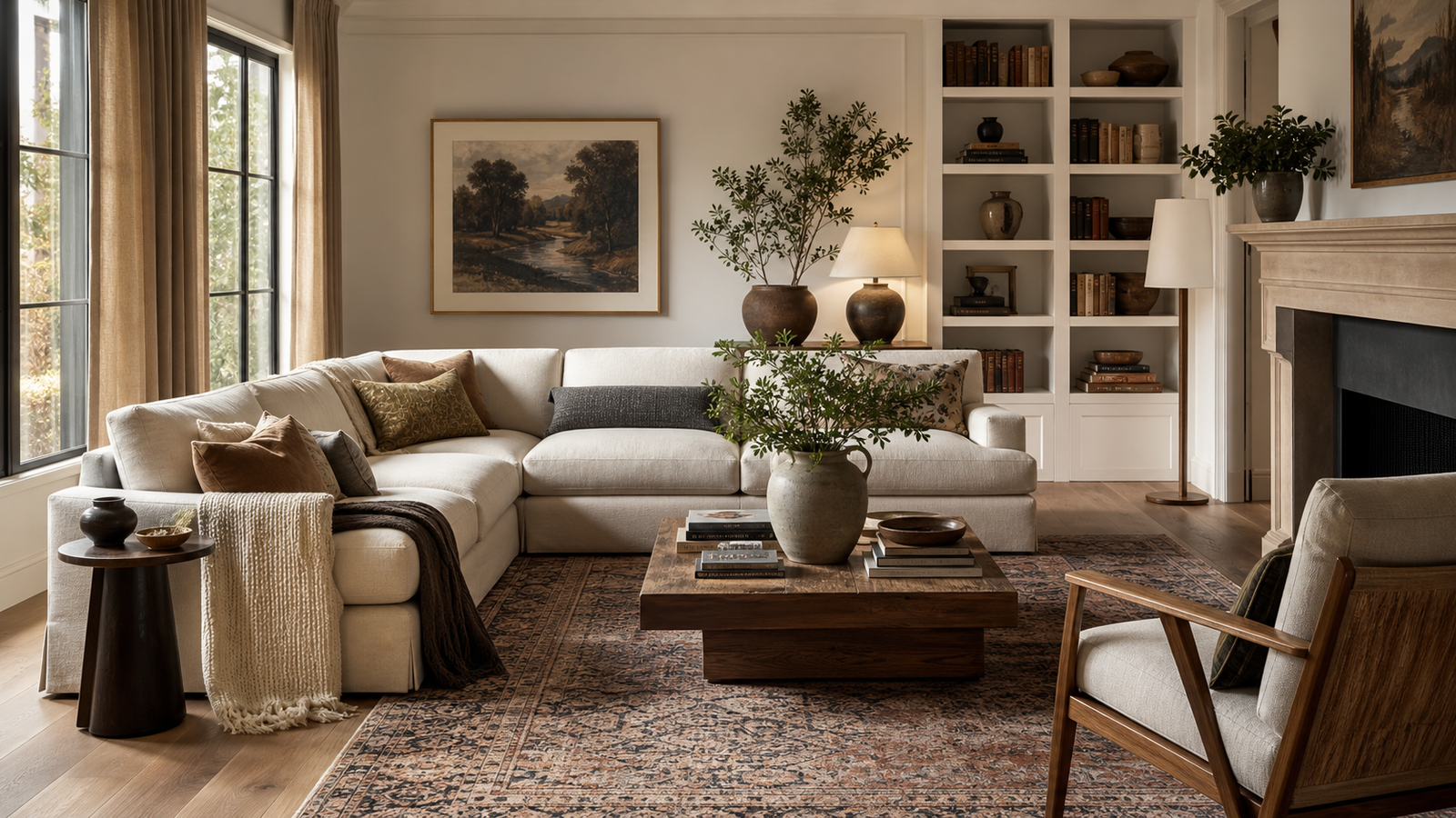 Stylish room decor refresh with tall curtains, layered rug, warm lighting, art, shelves, and greenery