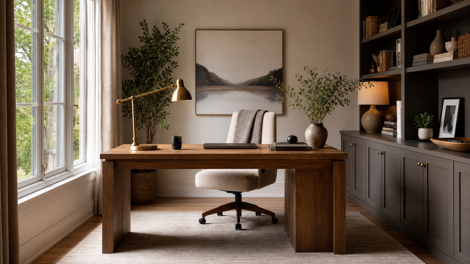 Cozy home office with oak desk, upholstered chair, built-in shelves, warm lighting, rug, and window light