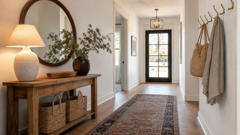 Beautiful entryway with console mirror lamp runner rug and woven baskets
