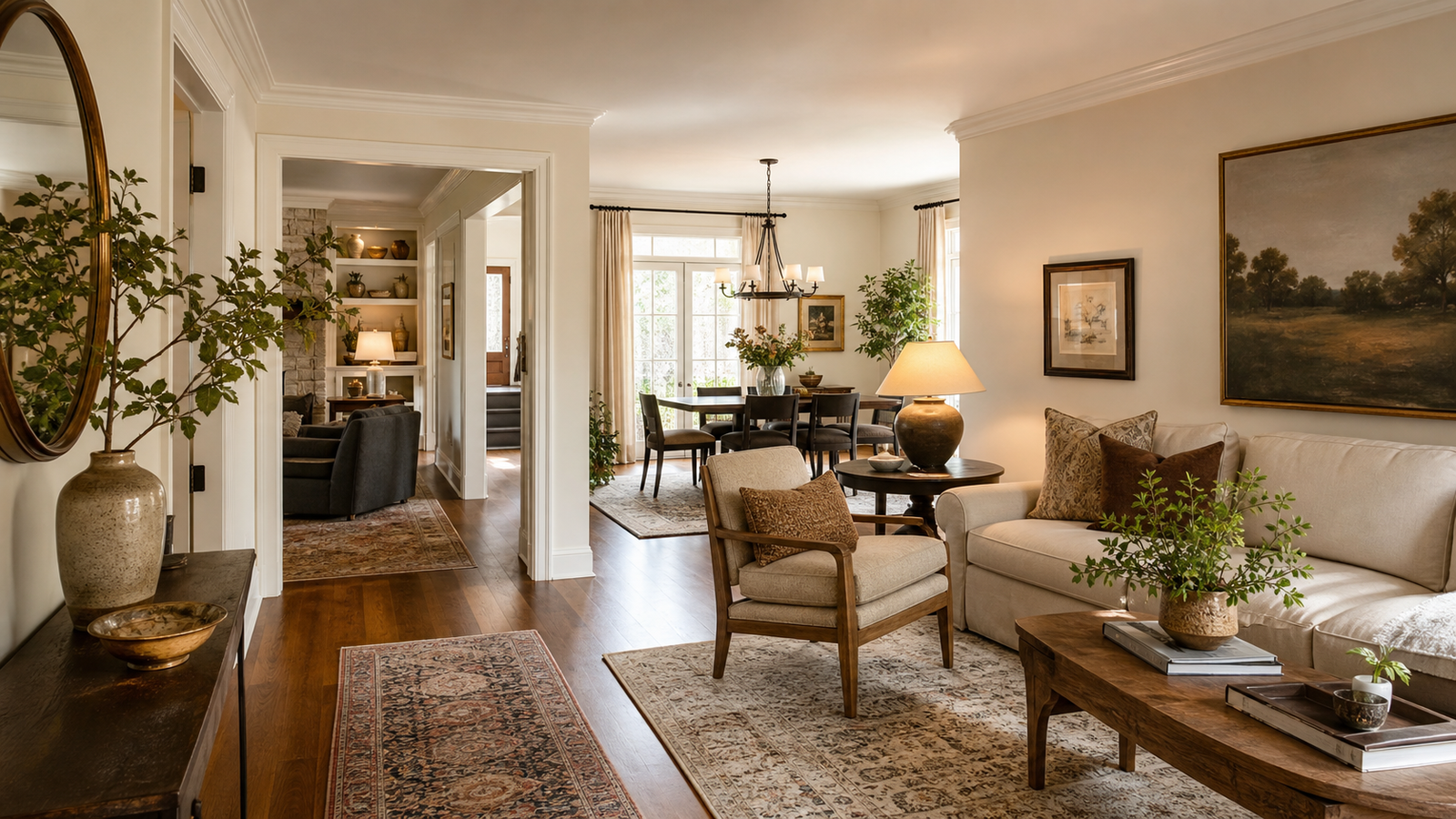Stylish house decorating refresh with entry, living room, dining nook, layered lighting, rugs, art, and greenery