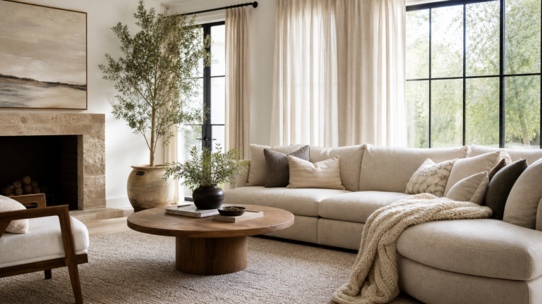 Cozy room decor with linen sofa, wool rug, warm lamp, textured pillows, and natural wood