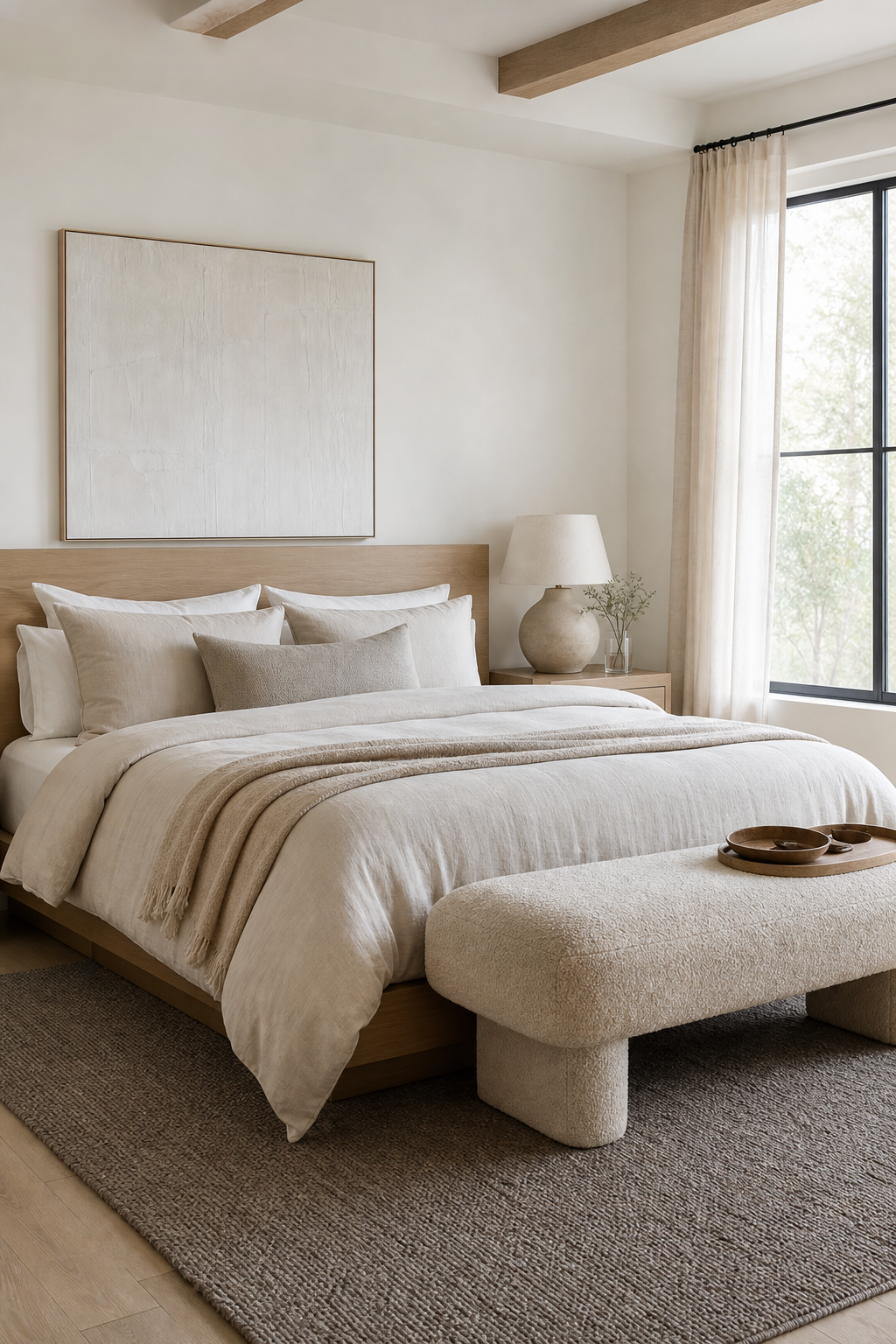 Minimalist bedroom layered with warm neutral bedding, wool rug, and pale oak furniture