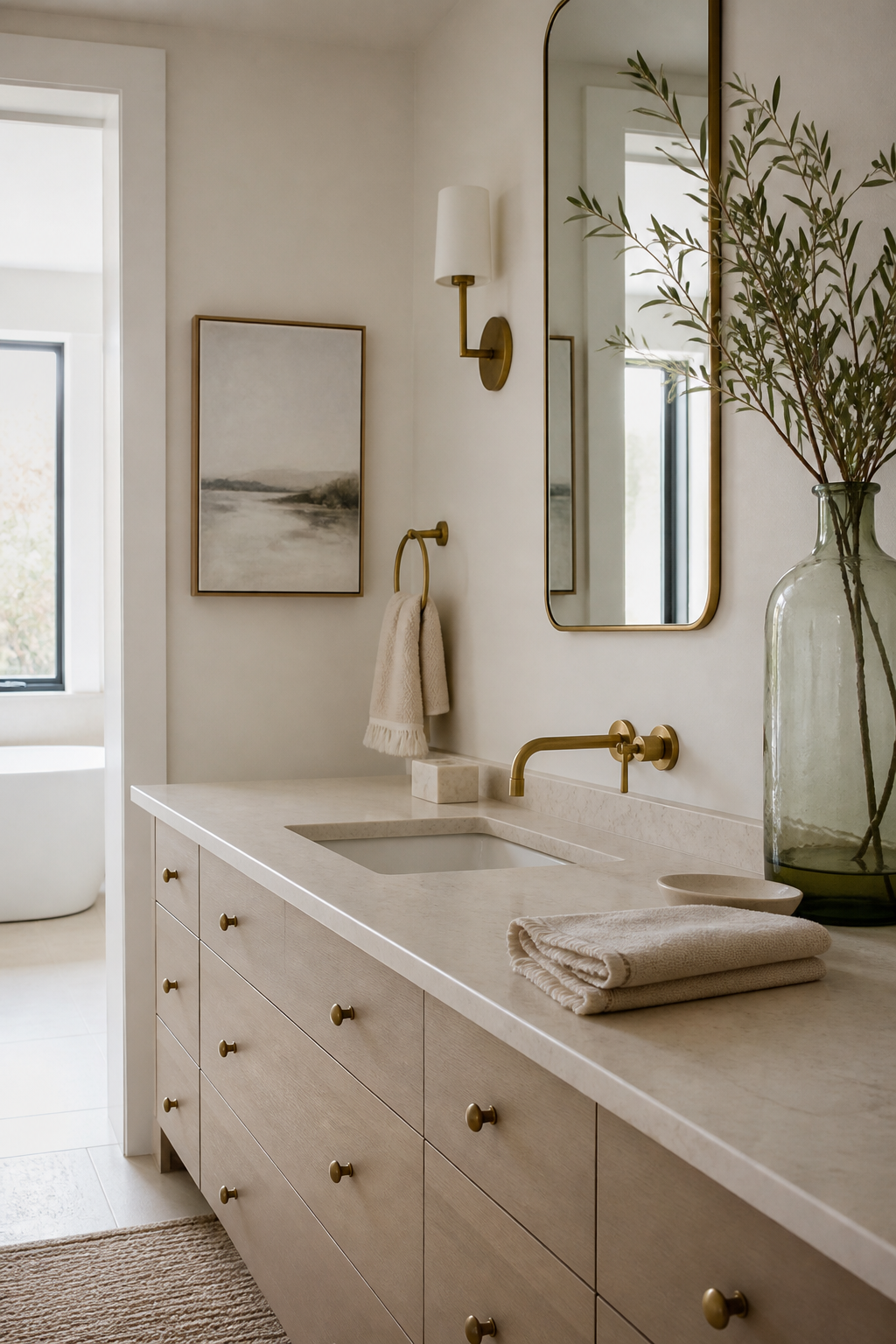 Bathroom vanity with calm neutral spa color palette