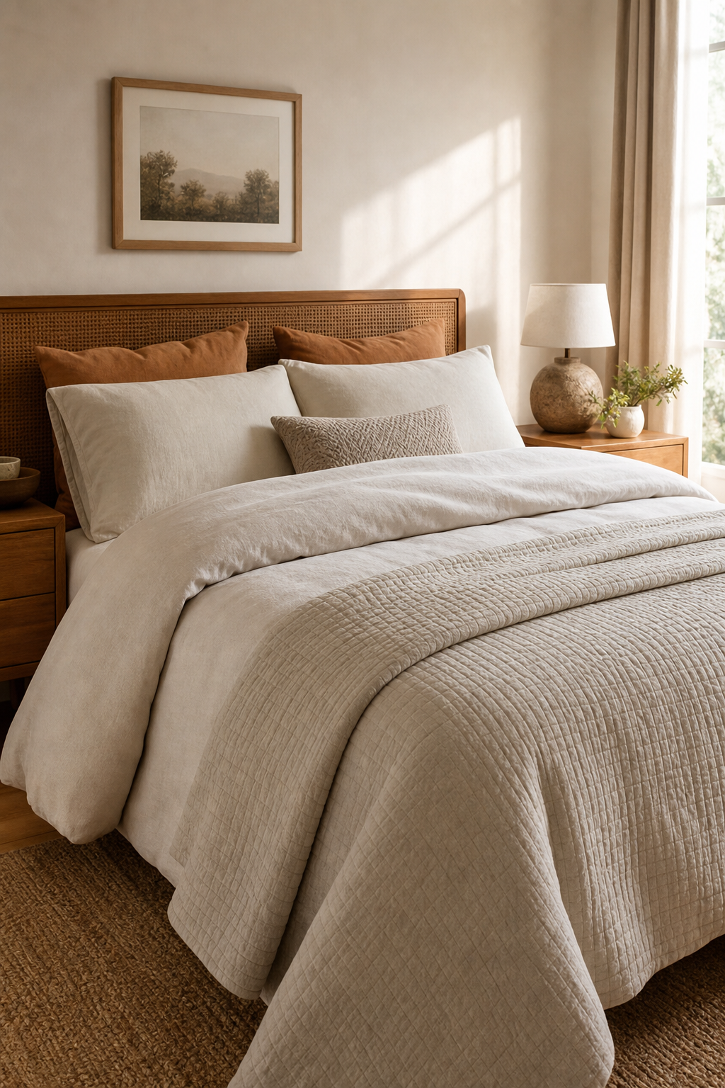 Layer A Linen Duvet With A Quilted Coverlet in a cozy Pinterest-worthy bedroom