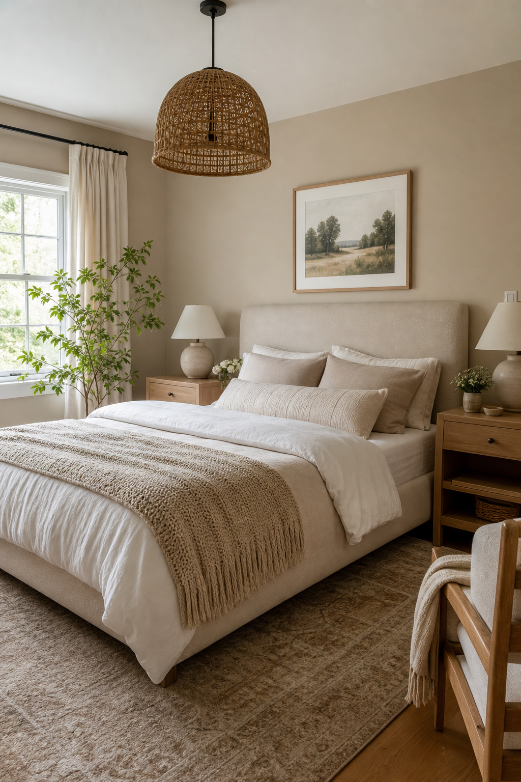Guest bedroom with warm neutral walls, linen bed, oak nightstands, soft rug, calm retreat mood