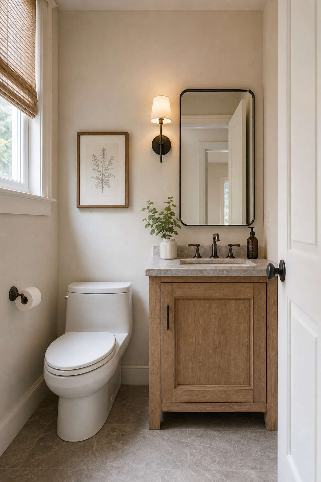 Compact half bathroom with narrow warm wood vanity, stone top, neutral walls, and clear floor space