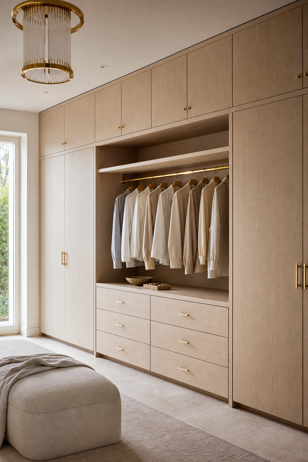 Build Around A Calm Custom Closet Wall in a neat stylish walk-in closet