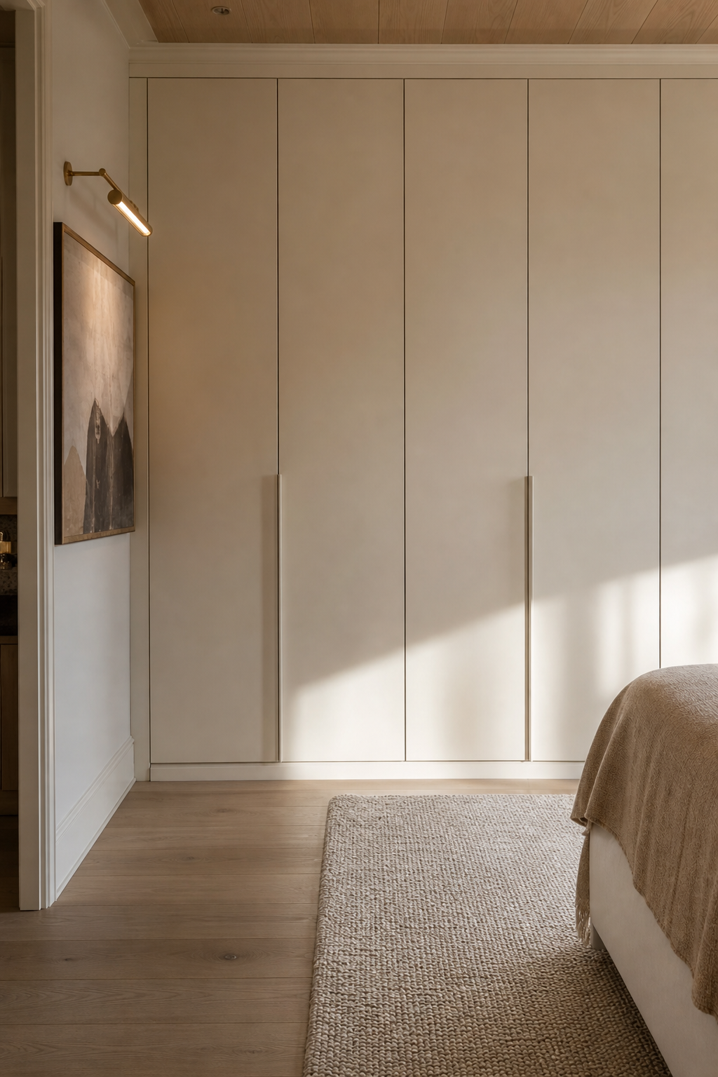 Modern closet design with use flat-front wardrobes for a calm wall